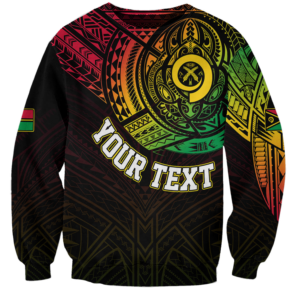 Black crewneck sweatshirt with colorful tribal chest graphic and 'YOUR TEXT' print