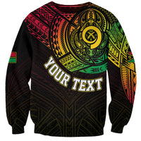 Black crewneck sweatshirt with colorful tribal chest graphic and 'YOUR TEXT' print