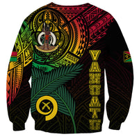Black crewneck sweatshirt with large back emblem and vertical yellow pattern print