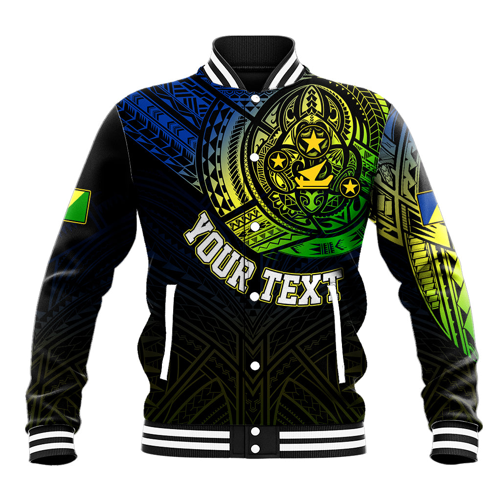 Black unisex baseball jacket with neon turtle graphic, blue/green art, striped cuffs