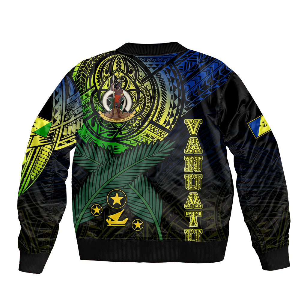 Black unisex bomber jacket back with large emblem, green-blue leaf print and vertical symbols