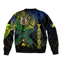 Black unisex bomber jacket back with large emblem, green-blue leaf print and vertical symbols