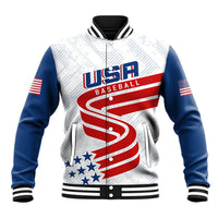 White baseball jacket with blue sleeves, red/blue USA graphic, black ribbed collar