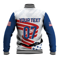 White baseball jacket with blue sleeves, back 'YOUR TEXT 07' USA graphic, black ribbed hem