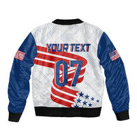 Unisex bomber jacket back, white/blue with red stripes, 'Your Text 07' and stars, ribbed hem.