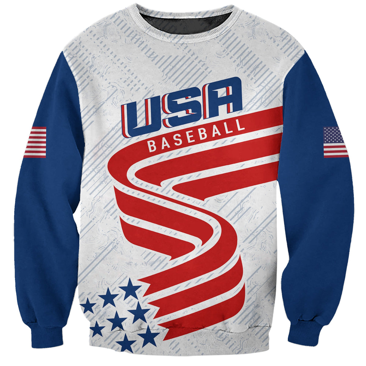 White and blue crewneck sweatshirt with USH Baseball graphic, stars and stripes print