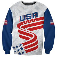 White and blue crewneck sweatshirt with USH Baseball graphic, stars and stripes print
