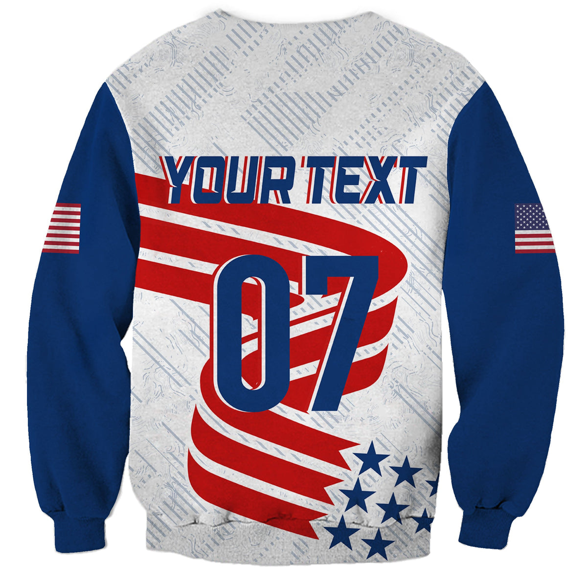 White and blue crewneck sweatshirt back print with YOUR TEXT 07, stars and stripes