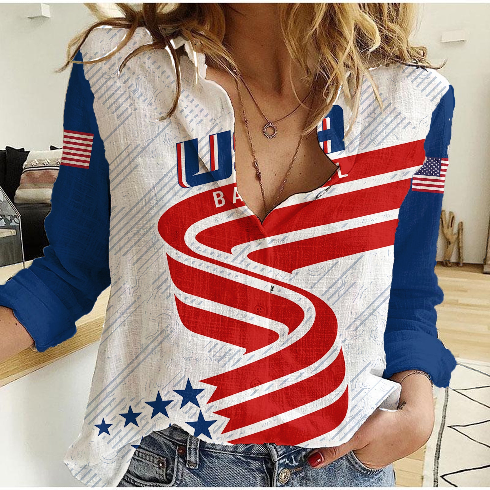 personalised-usa-baseball-star-spangled-simple-style-women-casual-shirt