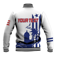 White baseball jacket back with red "YOUR TEXT" and blue Puerto Rico skyline graphic