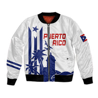 White bomber jacket with front zipper and blue Puerto Rico graphic, black ribbed collar/cuffs