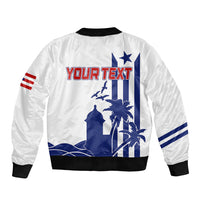 White bomber jacket back shows blue Puerto Rico scene with red/white stripes and 'YOUR TEXT'