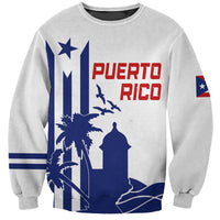 Light gray sweatshirt with Puerto Rico graphic, flag stripes, and bold blue and red text