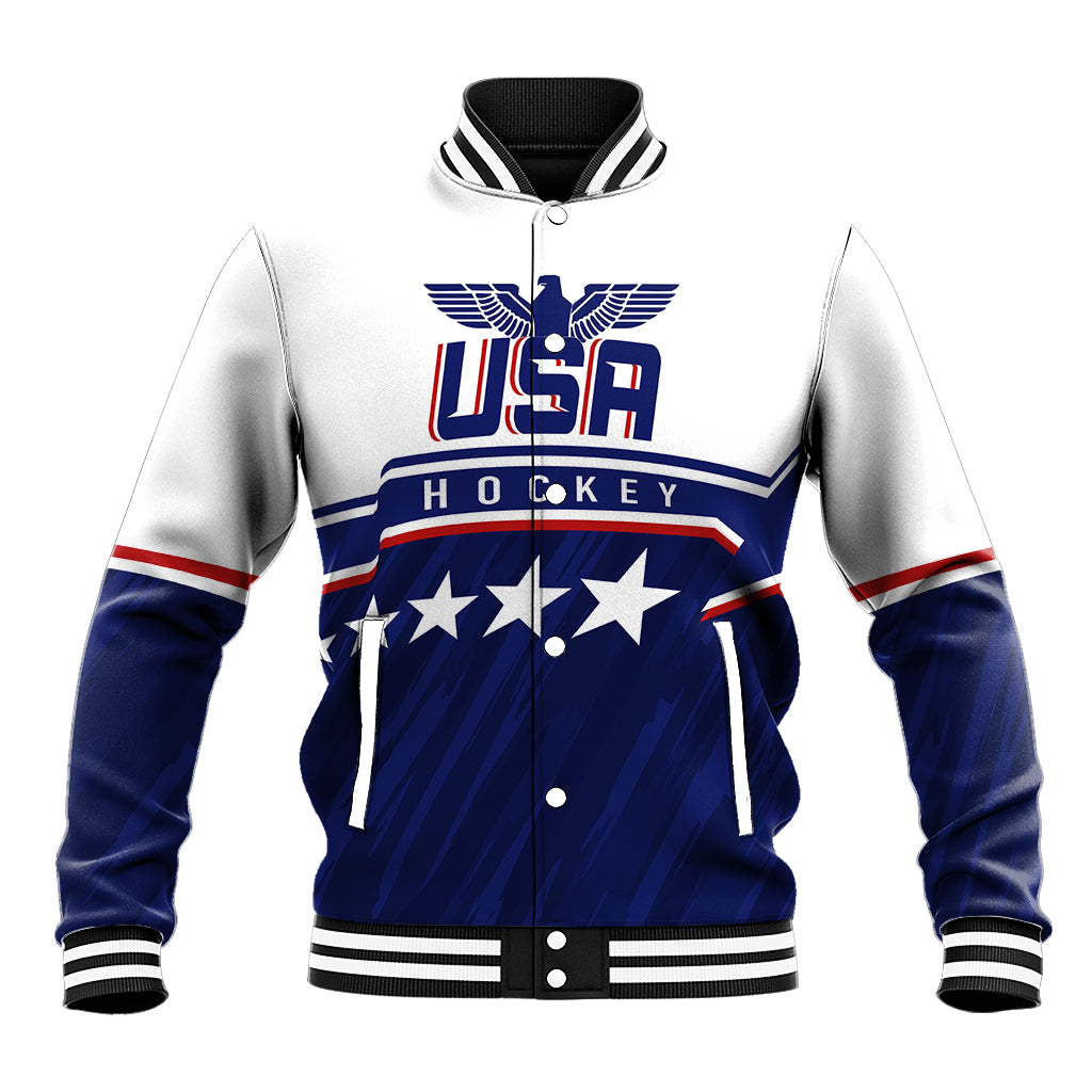 White and blue baseball jacket with striped ribbed collar and USH hockey front graphic