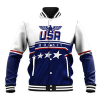 White and blue baseball jacket with striped ribbed collar and USH hockey front graphic