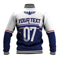 White and blue baseball jacket back with wings logo, Your Text lettering, and number 07