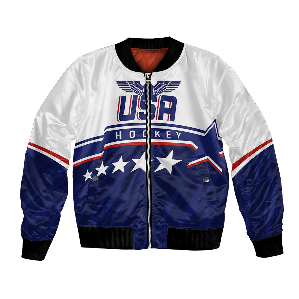 White bomber jacket with blue/red hockey graphics, front zipper, ribbed collar and cuffs