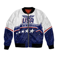 White bomber jacket with blue/red hockey graphics, front zipper, ribbed collar and cuffs