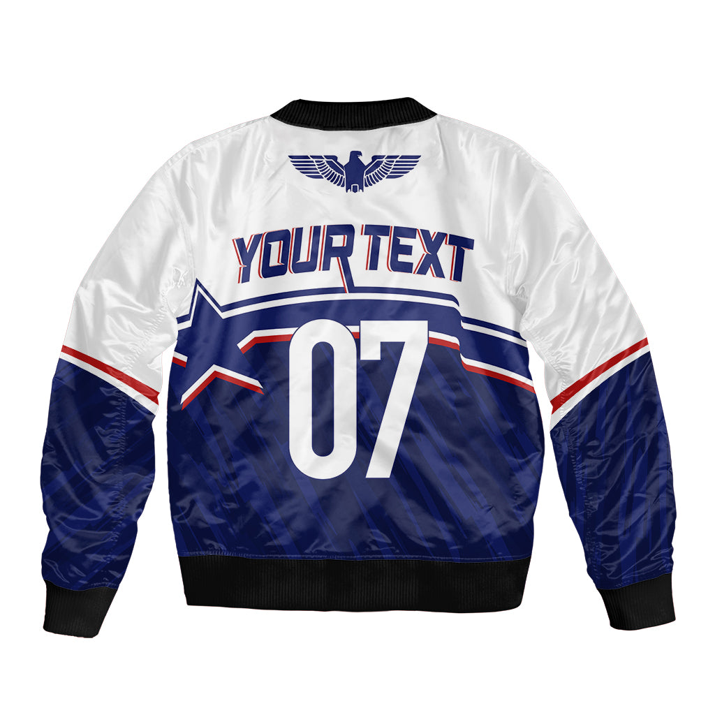 White bomber jacket back with eagle logo and large 07 print, ribbed cuffs and hem