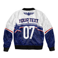 White bomber jacket back with eagle logo and large 07 print, ribbed cuffs and hem
