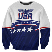White crewneck sweatshirt with blue eagle and USA Hockey front graphic