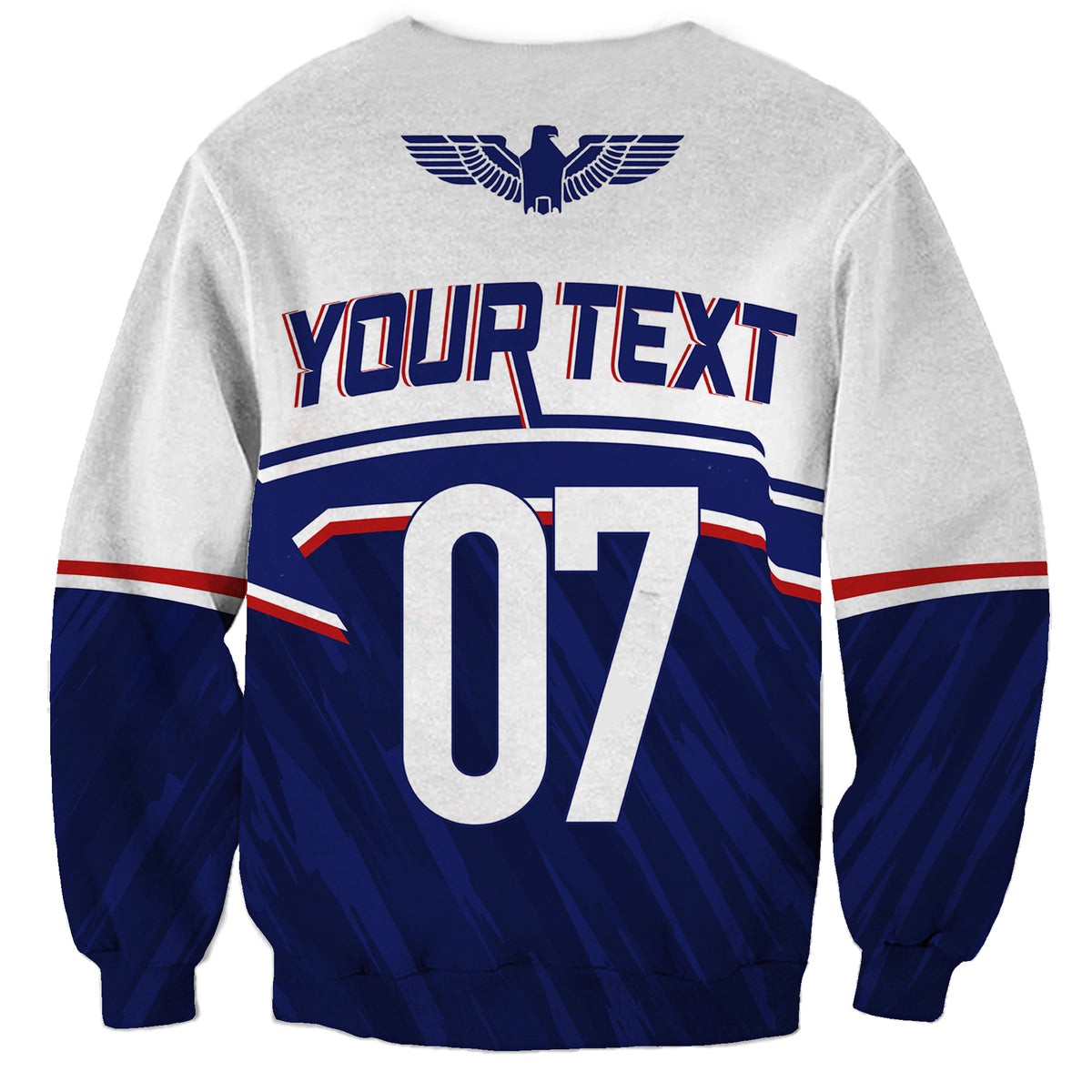 White crewneck sweatshirt with back text YOUR NEXT and USH 07 star graphic