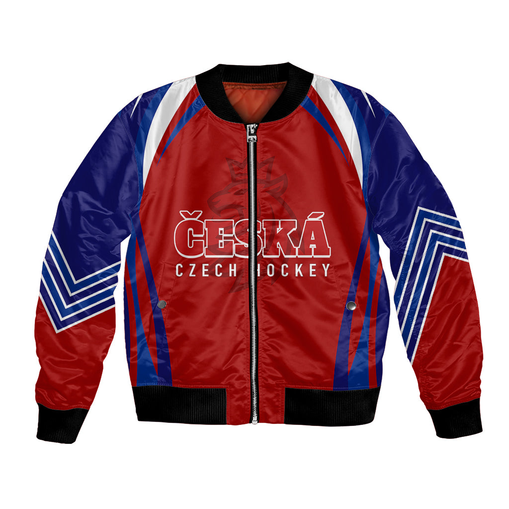Red/blue bomber jacket with black ribbed collar, front zip, Czech hockey logo