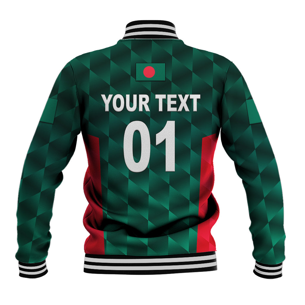 Green checkered baseball jacket back with customizable text, number 01, striped ribbed hem