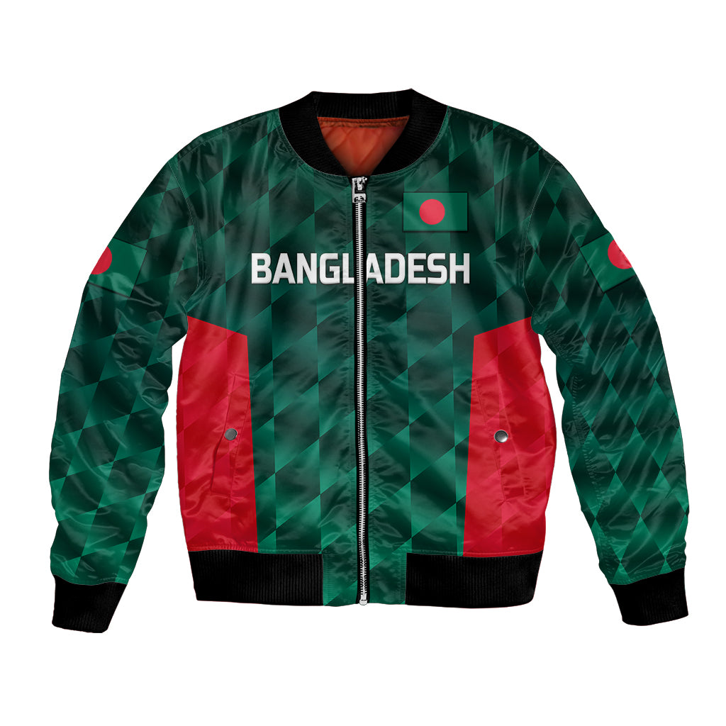 Green bomber jacket with full front zipper, ribbed cuffs and pockets, Bangladesh text