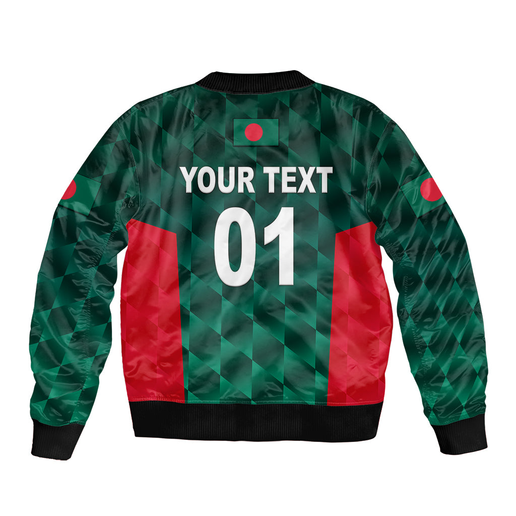 Green bomber jacket back with custom text, large '01', ribbed hem and black collar