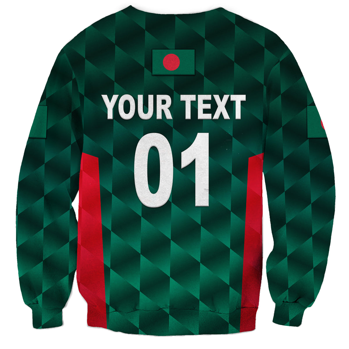 Green crewneck sweatshirt with check pattern, Bangladesh flag patch, YOUR TEXT 01 back