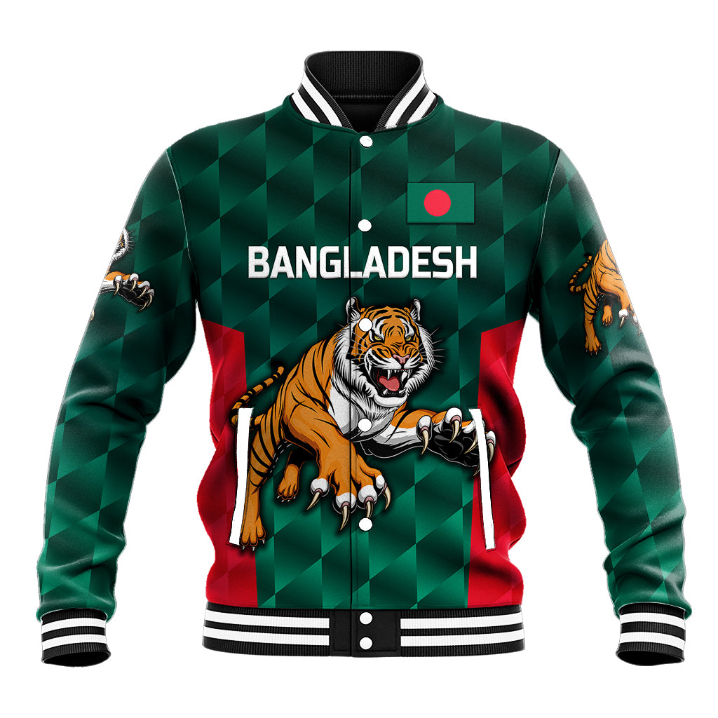 Green baseball jacket with Bangladesh tiger graphic, button front, ribbed striped cuffs