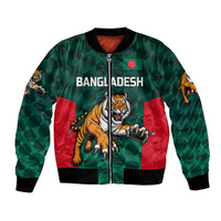 Green bomber jacket with tiger graphic, Bangladesh print, front zip, red side panels