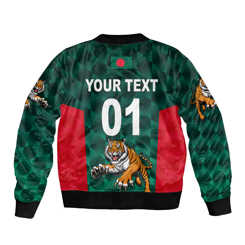 Green bomber jacket with tiger, Your Text and 01 back print, ribbed hem