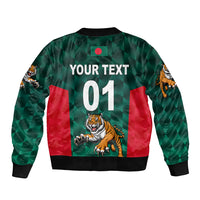 Green bomber jacket with tiger, Your Text and 01 back print, ribbed hem