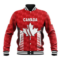 Red Canada baseball jacket with maple leaf graphic, striped ribbed collar and cuffs