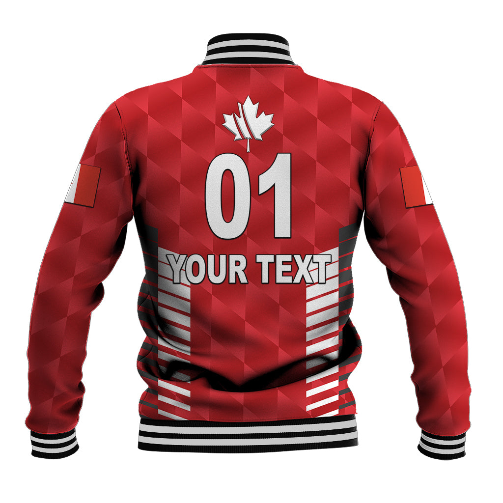 Red baseball jacket back with maple leaf crest and large 01 print, ribbed striped hem