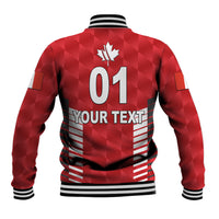 Red baseball jacket back with maple leaf crest and large 01 print, ribbed striped hem