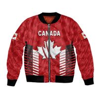 Red bomber jacket with Canada logo, maple leaf, ribbed collar and front zipper