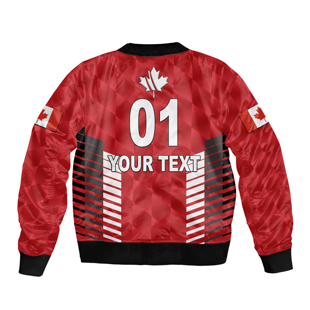 Red bomber jacket back print with maple leaf, '01', striped panels, ribbed hem cuffs