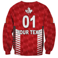 Red sweatshirt back with maple leaf, '01 YOUR TEXT' design, crew neck, long sleeves