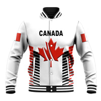 White Canada baseball jacket with red maple leaf graphic and striped ribbed collar