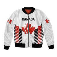 White bomber jacket with Canada maple leaf graphic, zipper, black ribbed cuffs and hem