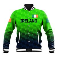Green cricket baseball jacket with black collar, striped cuffs, snap front, Ireland print