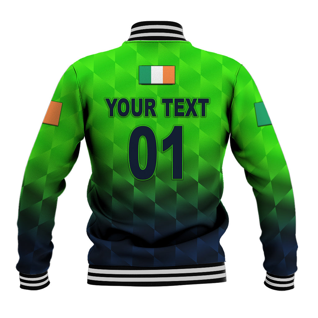 Green cricket baseball jacket back with striped collar, cuffs, navy hem, custom text 01