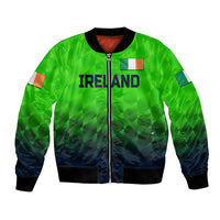 Green cricket bomber jacket with black ribbed collar, front zip, Ireland chest print