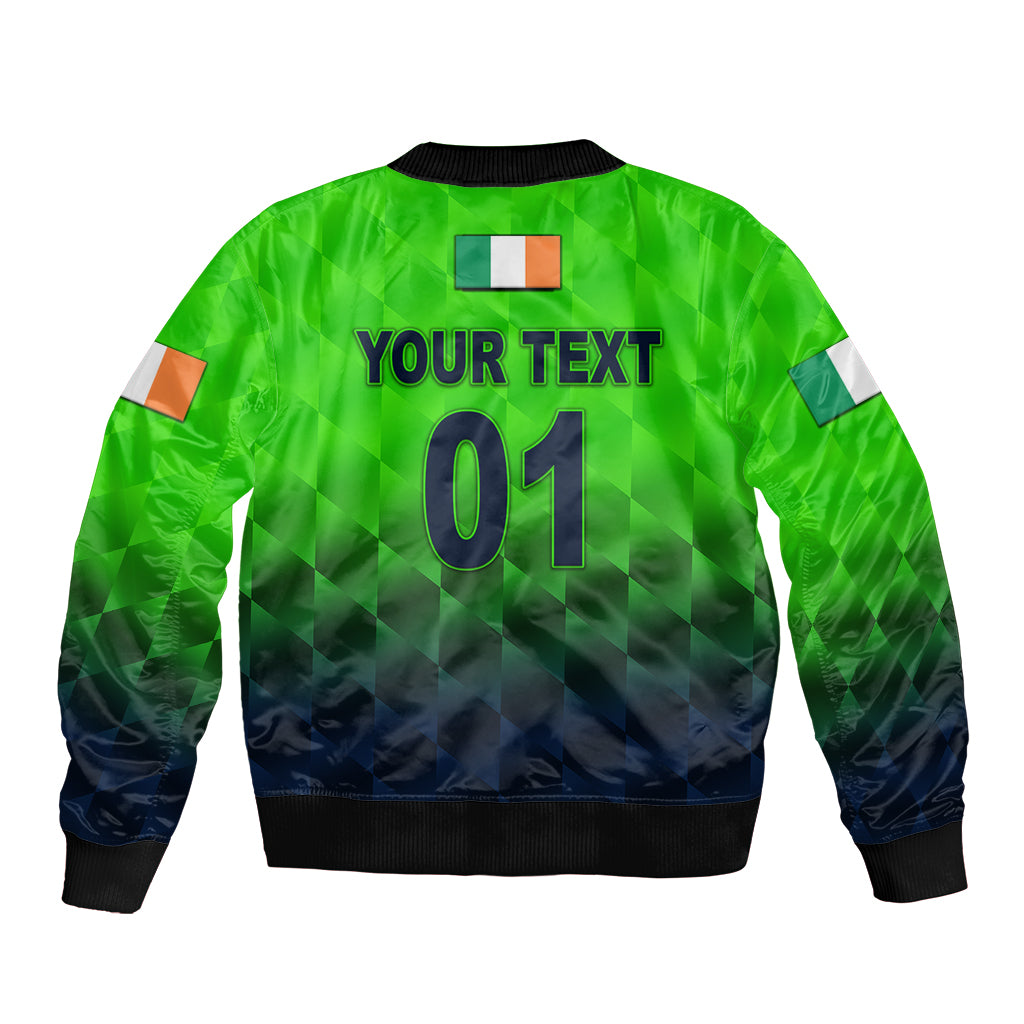 Green cricket bomber jacket back with flag patch, Your Text and 01 number, zip cuffs