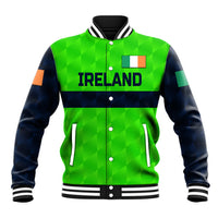 Green and navy baseball jacket with striped collar and cuffs, front 'IRELAND' print