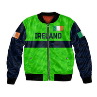 Green cricket bomber jacket with navy sleeves, front zip, ribbed cuffs, Ireland graphic