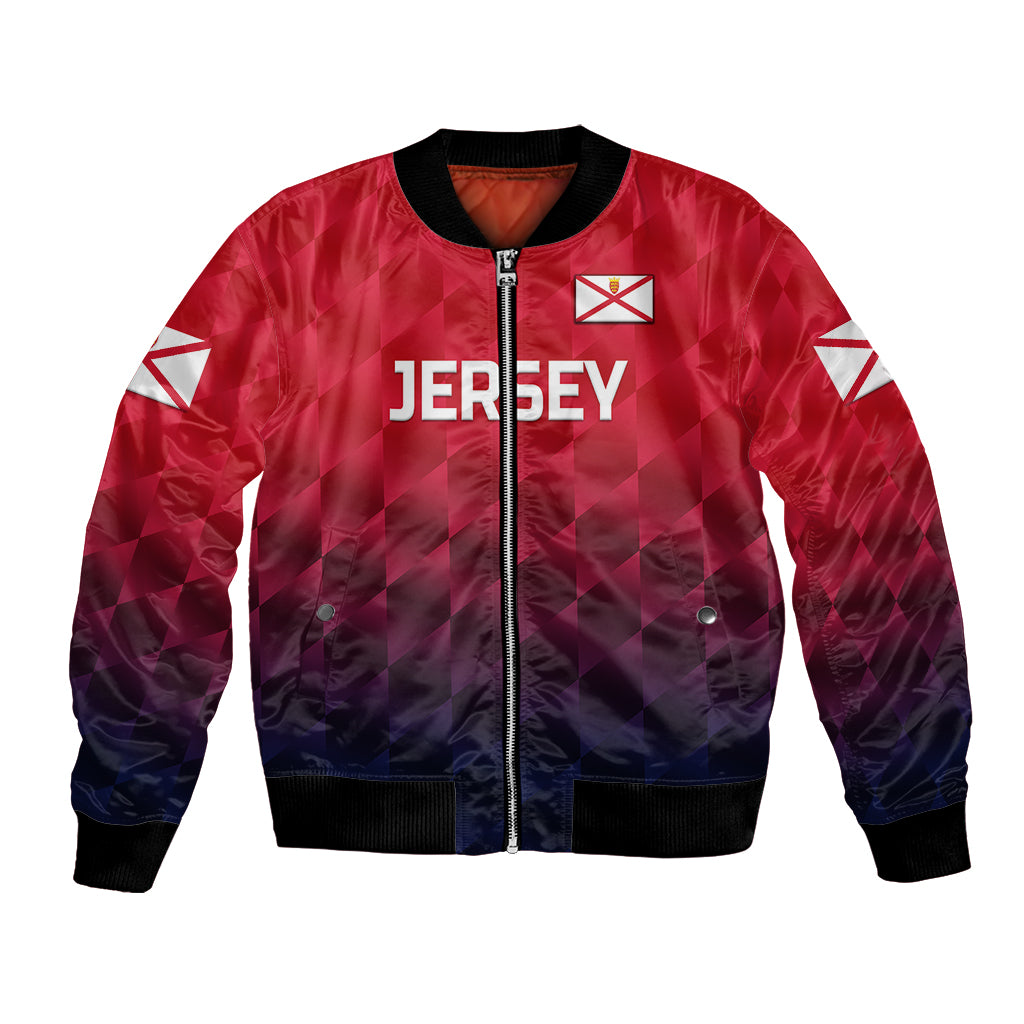 Red cricket bomber jacket with zip front, Jersey crest, and diamond panel sleeves